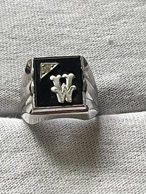 Vintage Signed Vargas Sterling Silver 1950s Black Onyx Letter W Signet Ring 7